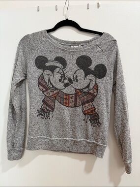 Disney Gray Mickey & Minnie Scarf Graphic Crewneck Sweater